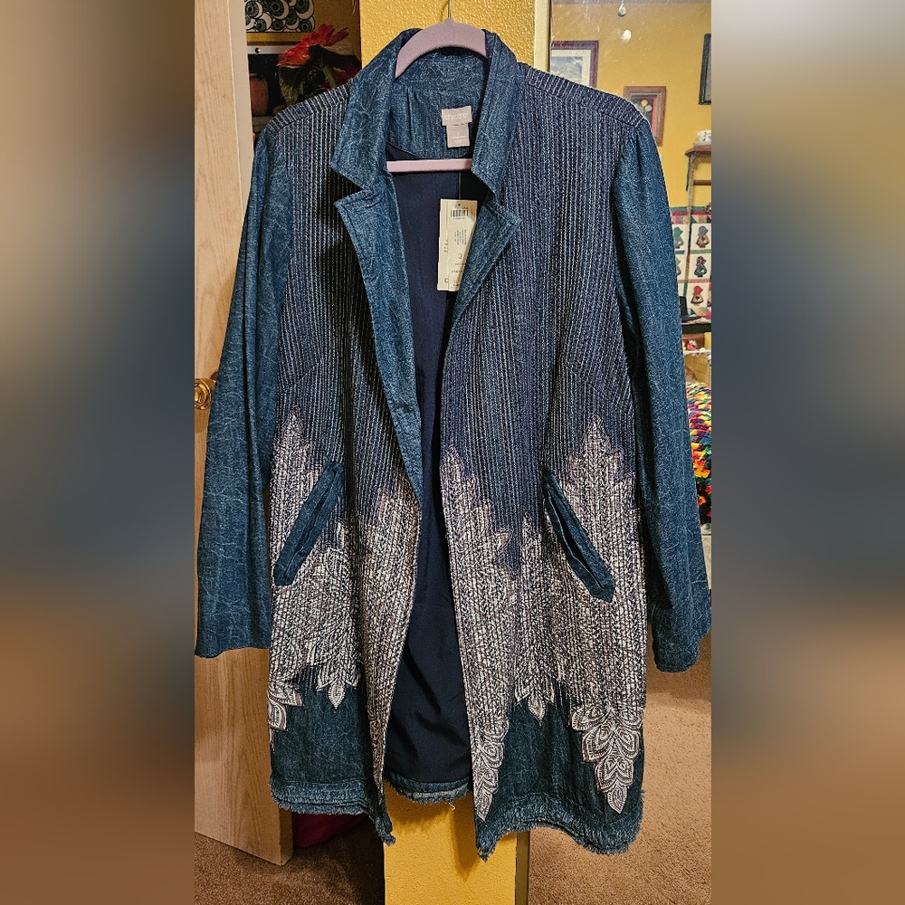 Chico's Denim Topper LS Jacket Novelty Stitch Artisan Wash Size 3